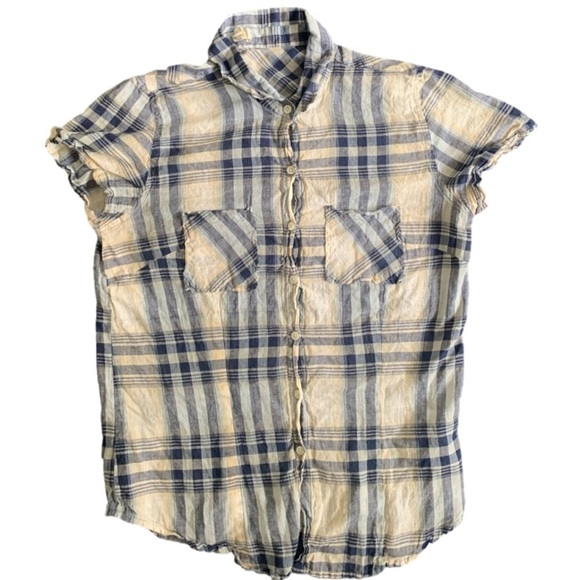 Forever 21 Cream Blue Plaid Button Down Short Sleeve Top Size M - Picture 3 of 9